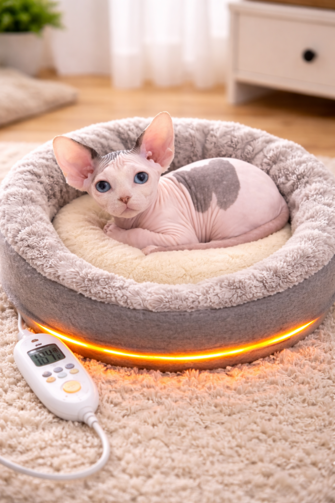 Preparing Your Home: A Checklist for New Sphynx Owners a cozy heated cat bed setup part of a comprehensive checklist for new sphynx owners to ensure kitten warmth.