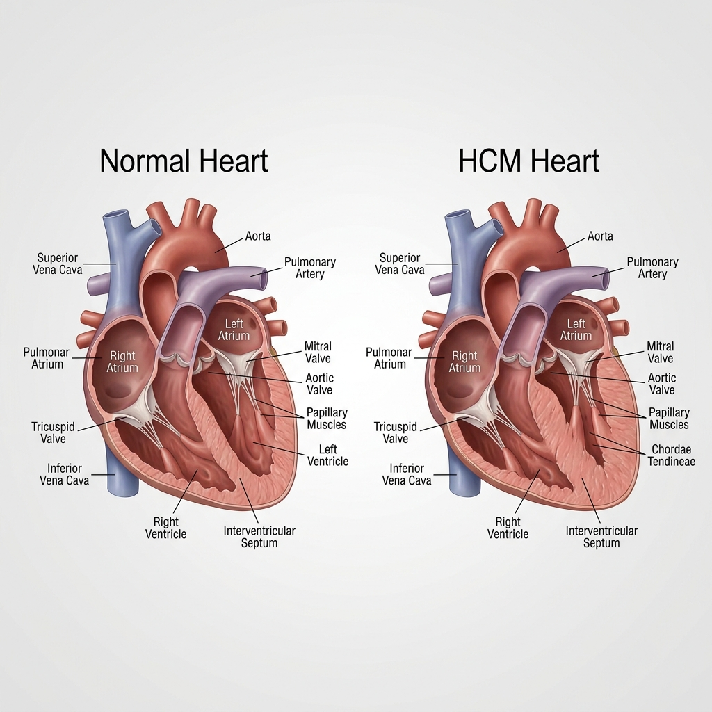 HCM and Health Testing: Why It Matters When Choosing a Breeder comparison diagram of a healthy cat heart versus one with hcm and health testing indicators showing thickened ventricle walls.