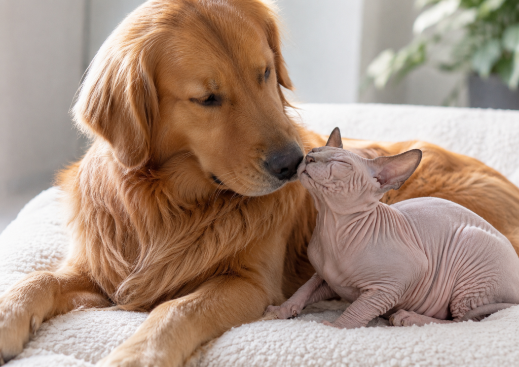 Sphynx Cat Temperament: Is the Hairless Lifestyle Right for You? social sphynx cat temperament displaying friendliness with a family dog.